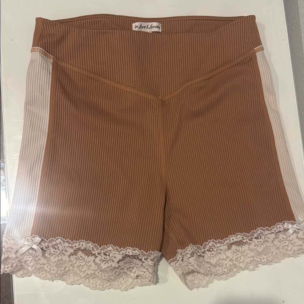 For Love & Lemons Tan Ribbed Biker Shorts with Lace Trim